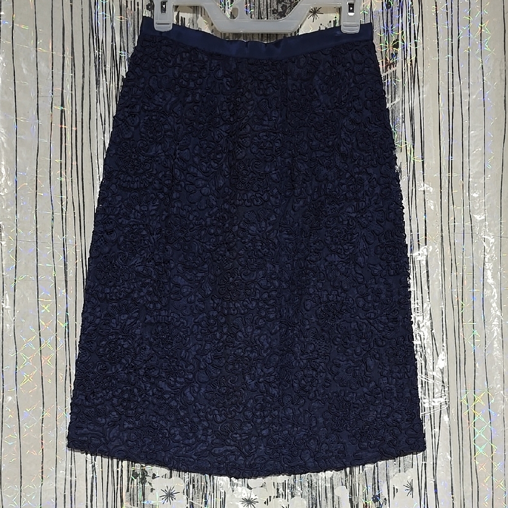 Vintage Elegant Navy Blue Fully Lined Lace Midi Skirt